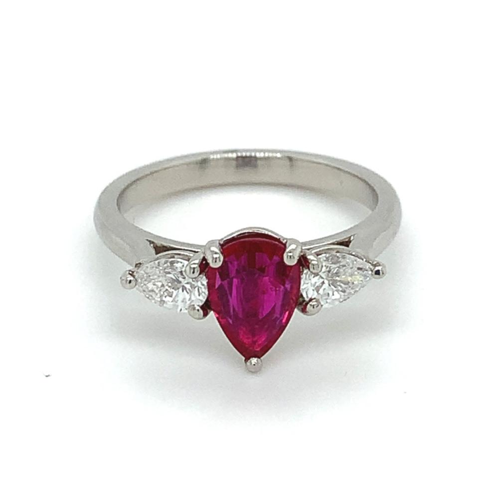 1.51ct ruby & diamond trilogy engagement ring, platinum, G/H colour, SI clarity