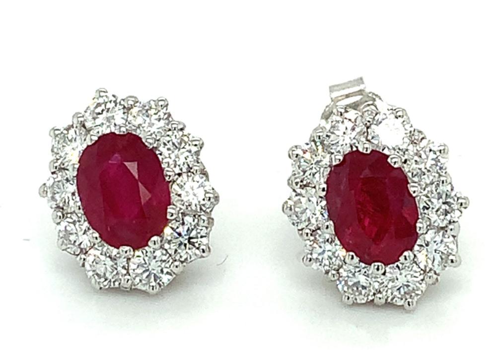 3.24ct ruby & diamond cluster earrings, 18kt white gold, G/H colour, SI clarity