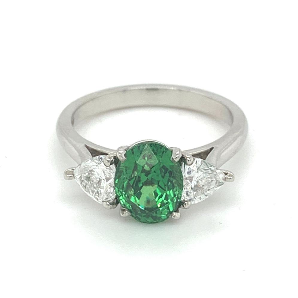 SOLD - 3.32ct tsavorite & diamond trilogy engagement ring, platinum, G/H colour, SI clarity