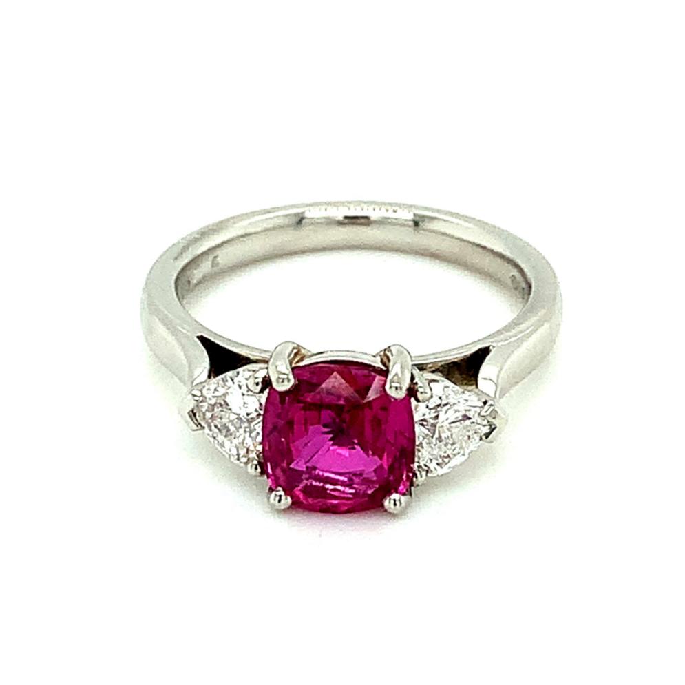 2.62ct ruby & diamond trilogy engagement ring, platinum, G/H colour, SI clarity