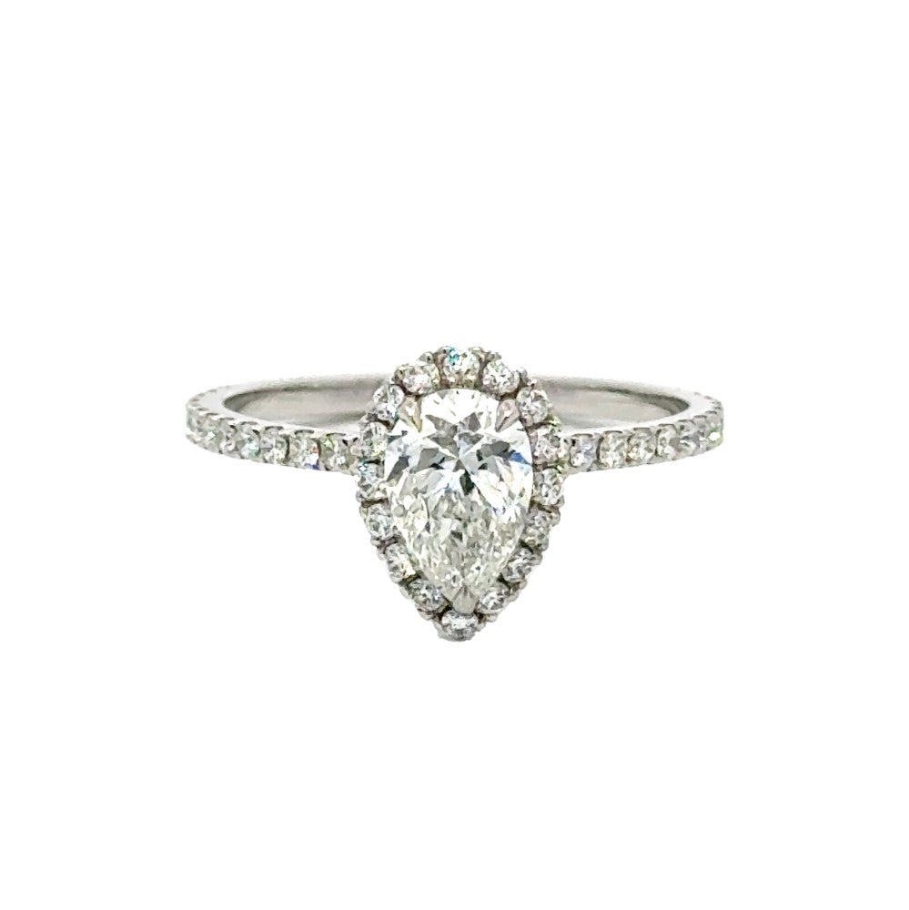 1.06ct pear cut diamond engagement ring set in a platinum halo, G colour, VS2 clarity, GIA certified