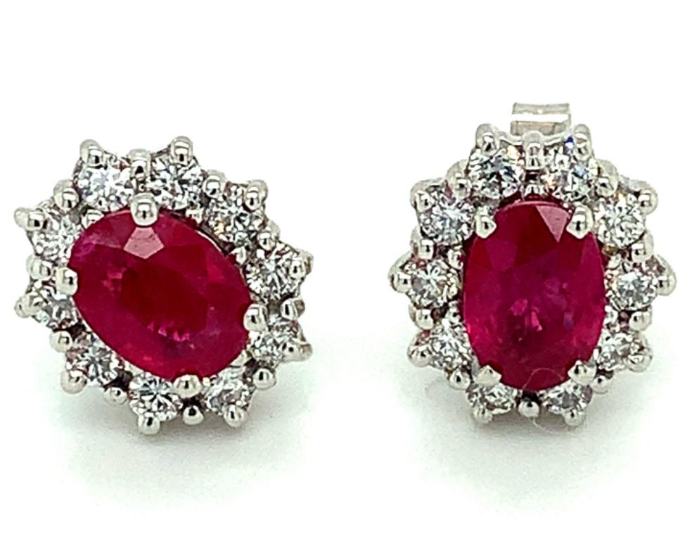 2.75ct ruby and diamond cluster earrings, 18kt white gold, G/H colour, SI clarity
