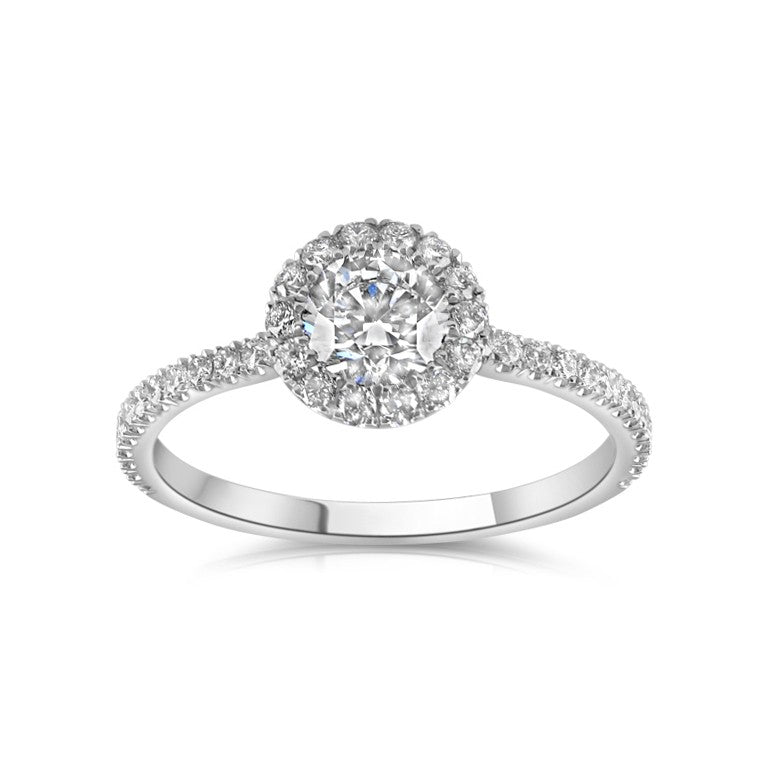 0.88ct round diamond engagement ring set in a platinum halo, D, SI1, GIA certified