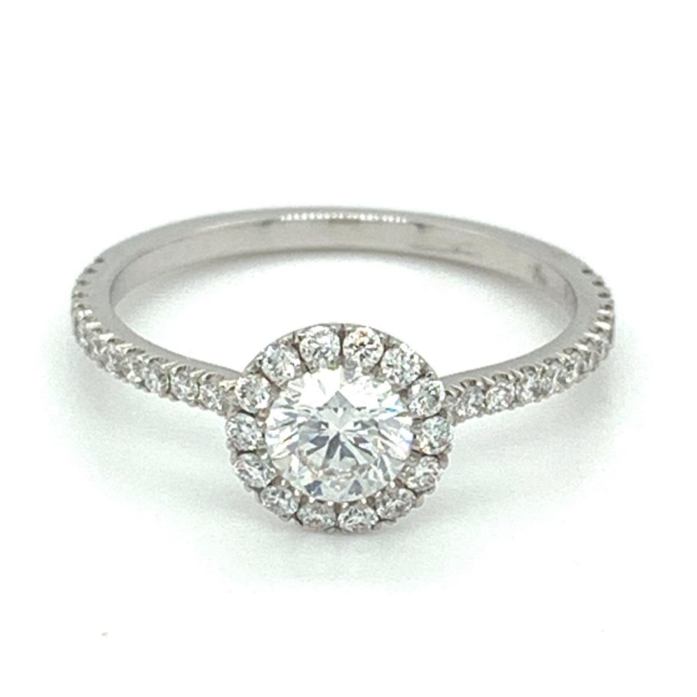 0.83ct round brilliant diamond engagement ring, platinum halo, F colour, SI1 clarity, GIA certified