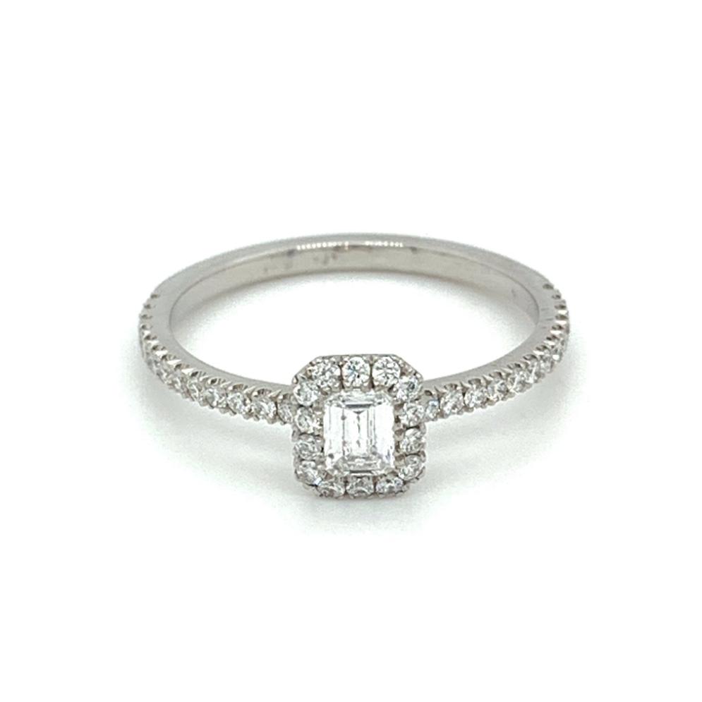 0.46ct emerald cut diamond engagement ring, platinum halo, E colour, VVS1 clarity, HRD certified