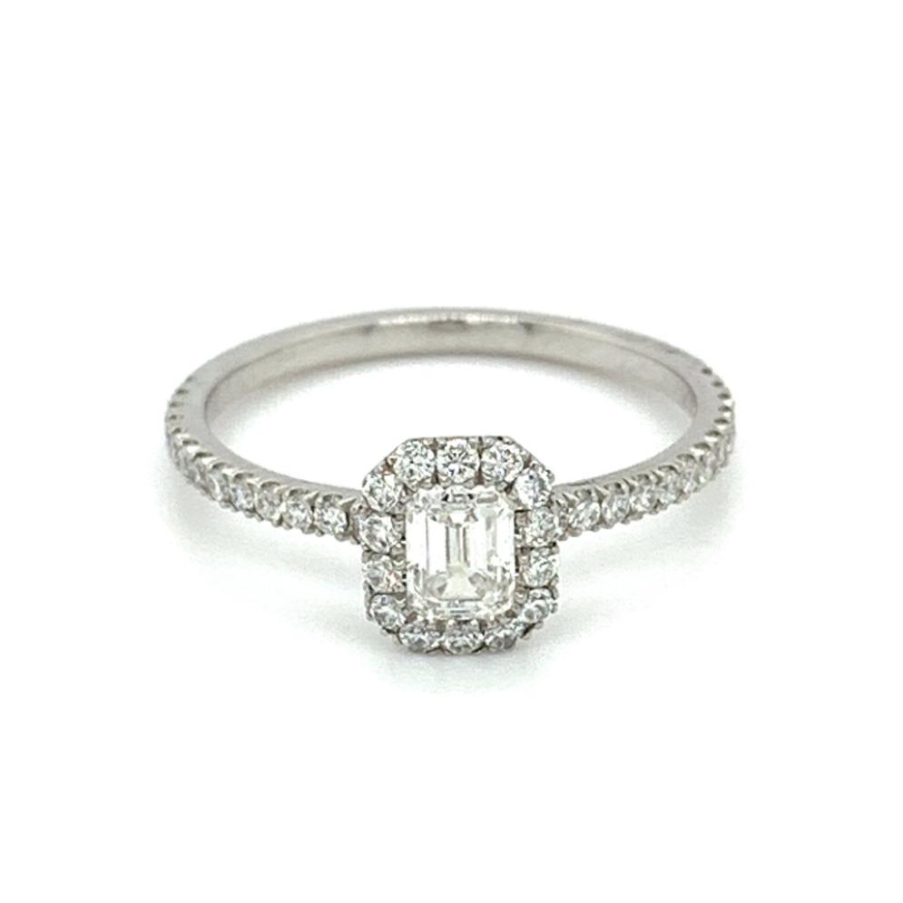 0.75ct emerald cut diamond engagement ring, platinum, G colour, IF (Internally Flawless) clarity, IGI certified