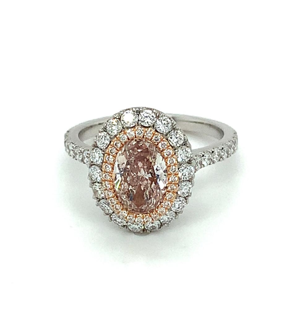 SOLD - 2.22ct oval shaped diamond engagement ring, platinum halo, fancy brownish orangy pink colour, SI2 clarity, GIA certified