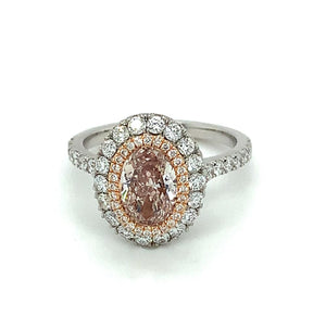 2.22ct oval shaped diamond engagement ring, platinum halo, fancy brownish orangy pink colour, SI2 clarity, GIA certified