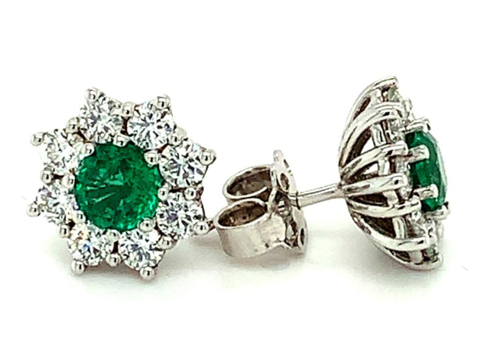2.55ct emerald & diamond cluster earrings set in 18kt white gold, G/H colour, SI clarity