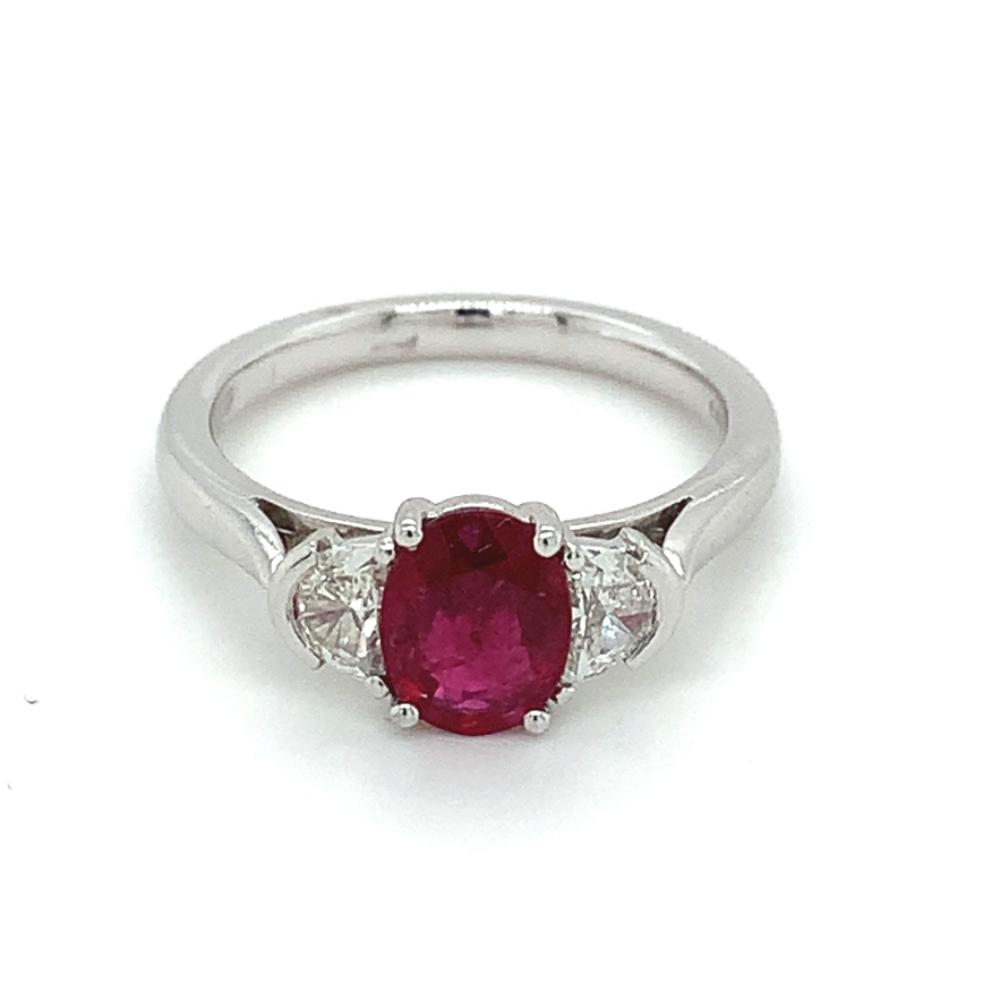 1.43ct ruby & diamond trilogy engagement ring, platinum, G/H colour, SI clarity