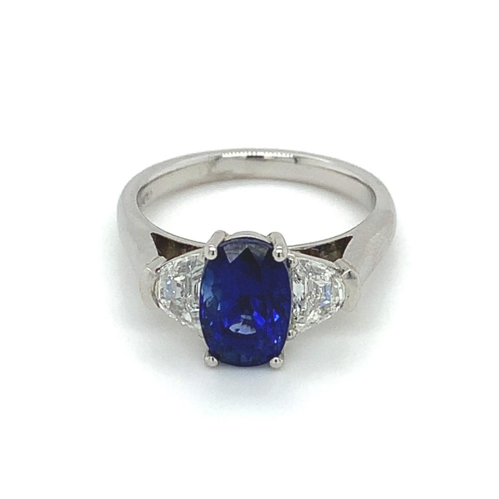 3.74ct sapphire & diamond trilogy engagement ring, platinum, G/H colour, SI clarity