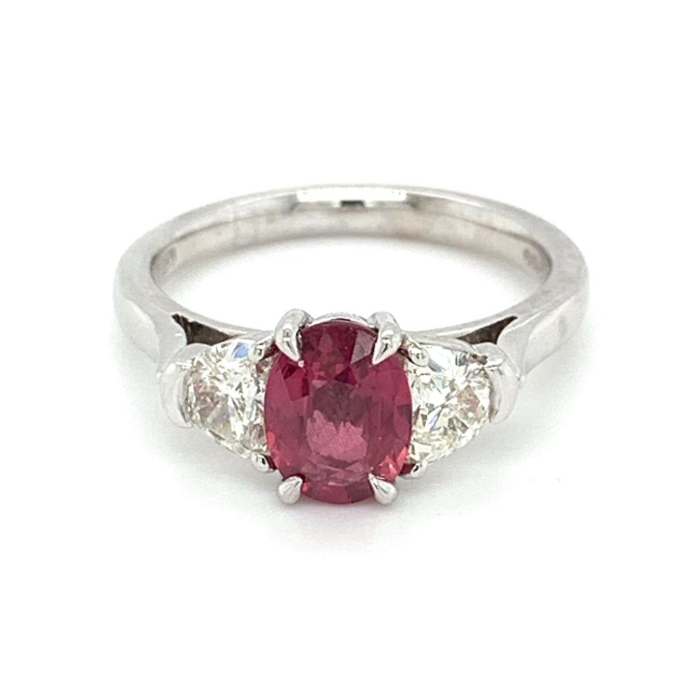 2.24ct ruby & diamond trilogy engagement ring, platinum, G/H colour, SI clarity