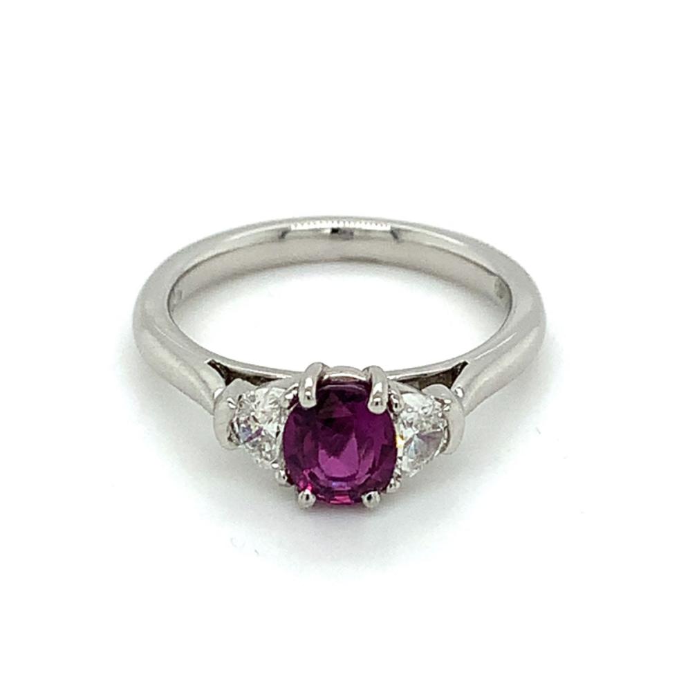 1.42ct ruby & diamond trilogy engagement ring, platinum, G/H colour, SI clarity