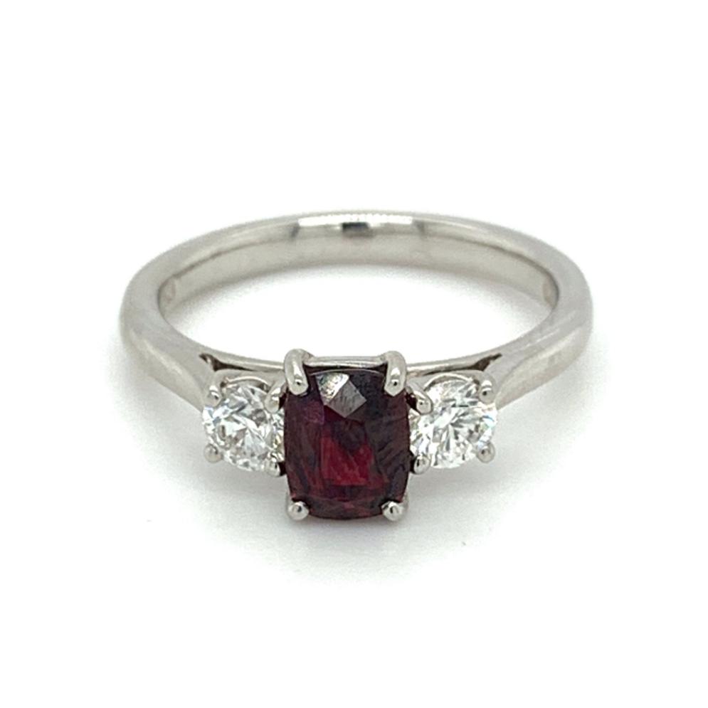 1.53ct ruby & diamond trilogy engagement ring, platinum, G/H colour, SI clarity