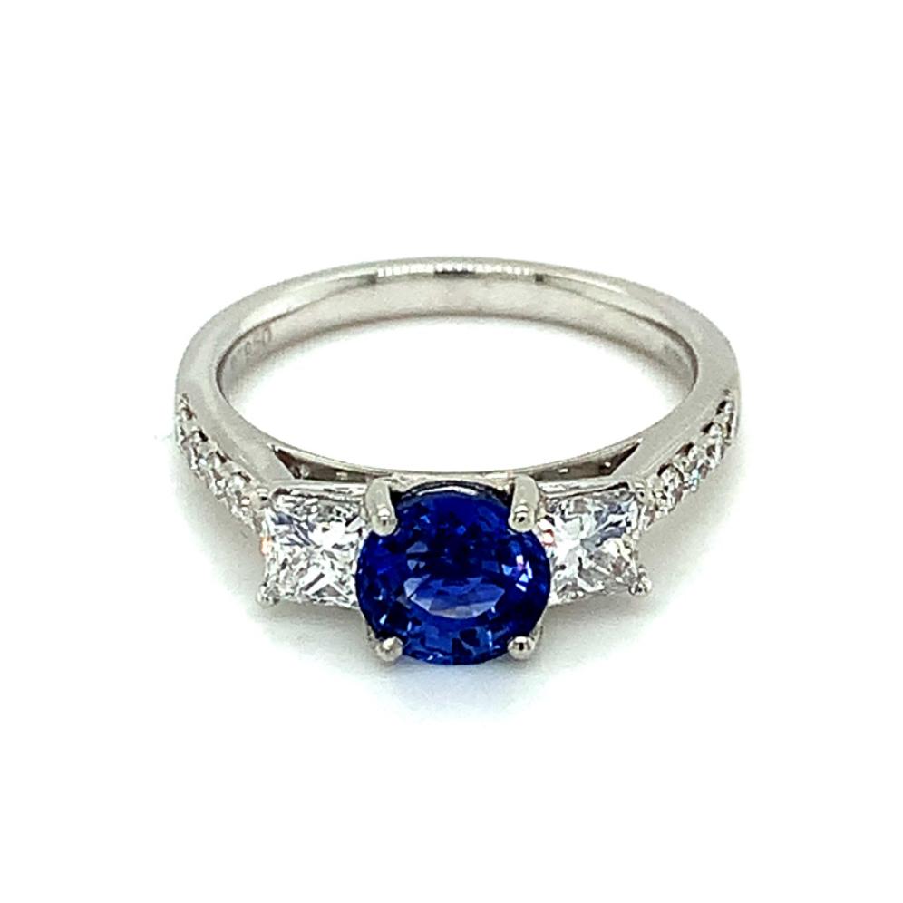 2.51ct sapphire & diamond trilogy engagement ring, platinum, G/H colour, SI clarity
