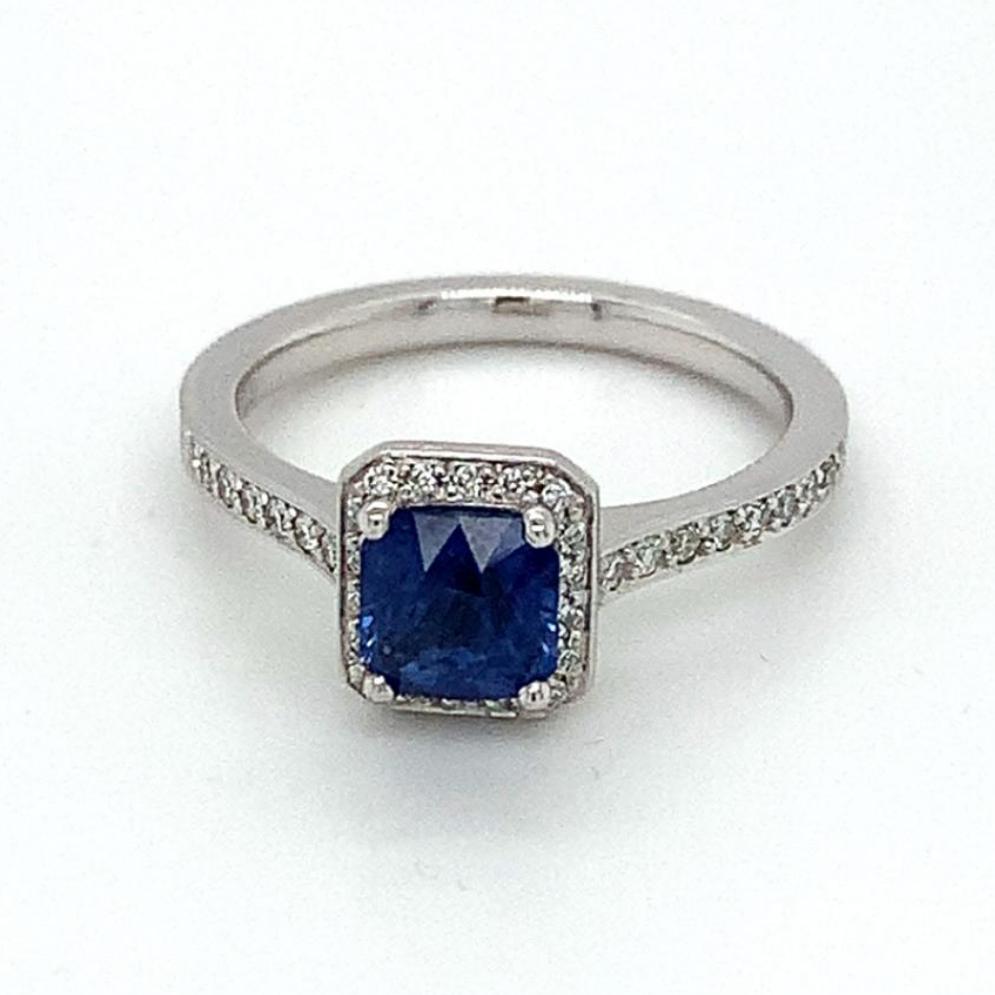 1.59ct cushion cut sapphire & diamond engagement ring, platinum, G/H colour, SI clarity