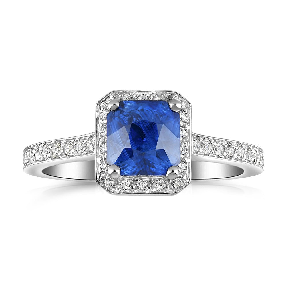 1.59ct sapphire & diamond engagement ring set in a platinum halo