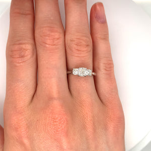 1.16ct cushion cut diamond trilogy engagement ring, platinum, G colour, VS1 clarity, GIA certified