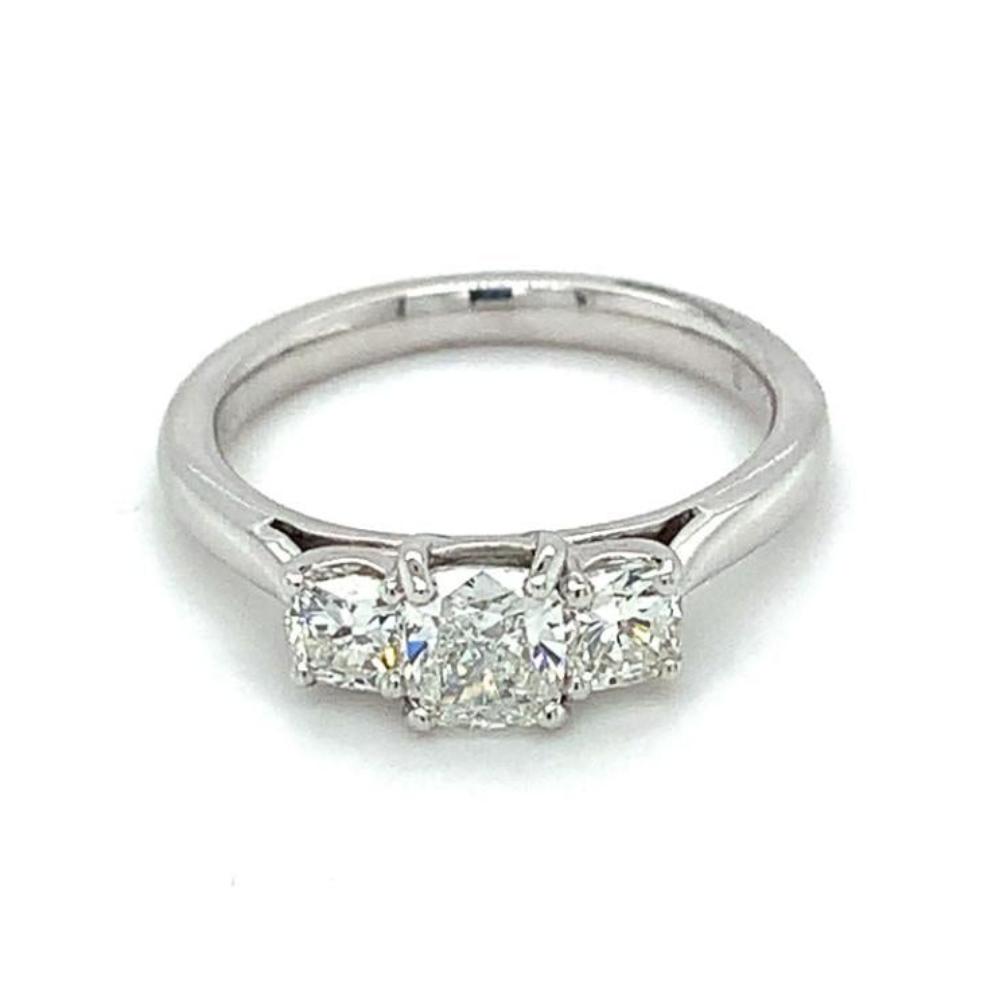 1.16ct cushion cut diamond trilogy engagement ring, platinum, G colour, VS1 clarity, GIA certified
