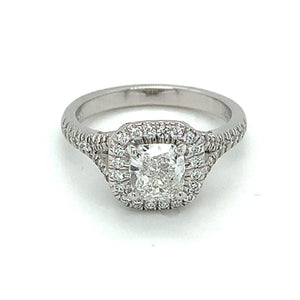 1.40ct cushion cut diamond engagement ring, platinum halo, G colour, SI1 clarity, GIA certified