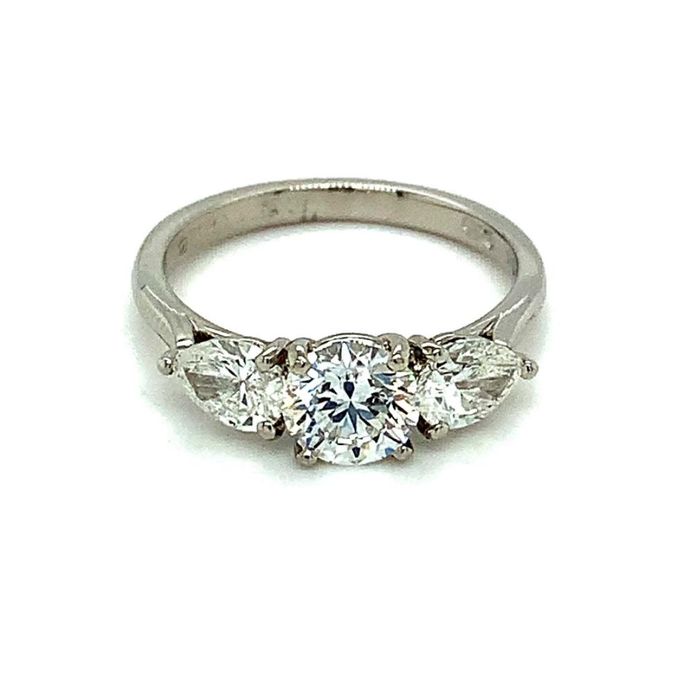 1.94ct round brilliant cut diamond trilogy engagement ring, platinum, E colour, SI2 clarity, GIA certified