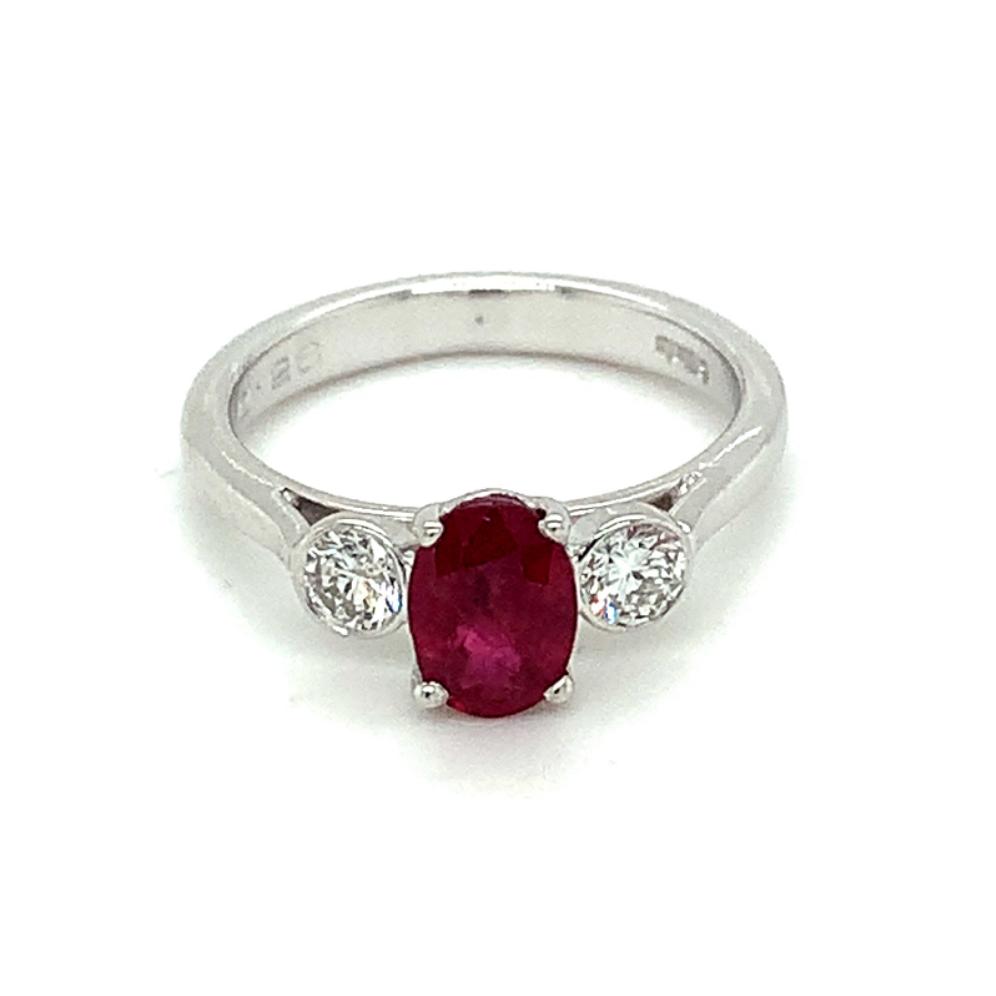 1.46ct ruby & diamond trilogy engagement ring set in 18kt white gold