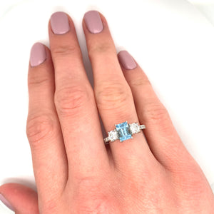 1.83ct aquamarine & diamond trilogy engagement ring, platinum, G/H colour, SI clarity