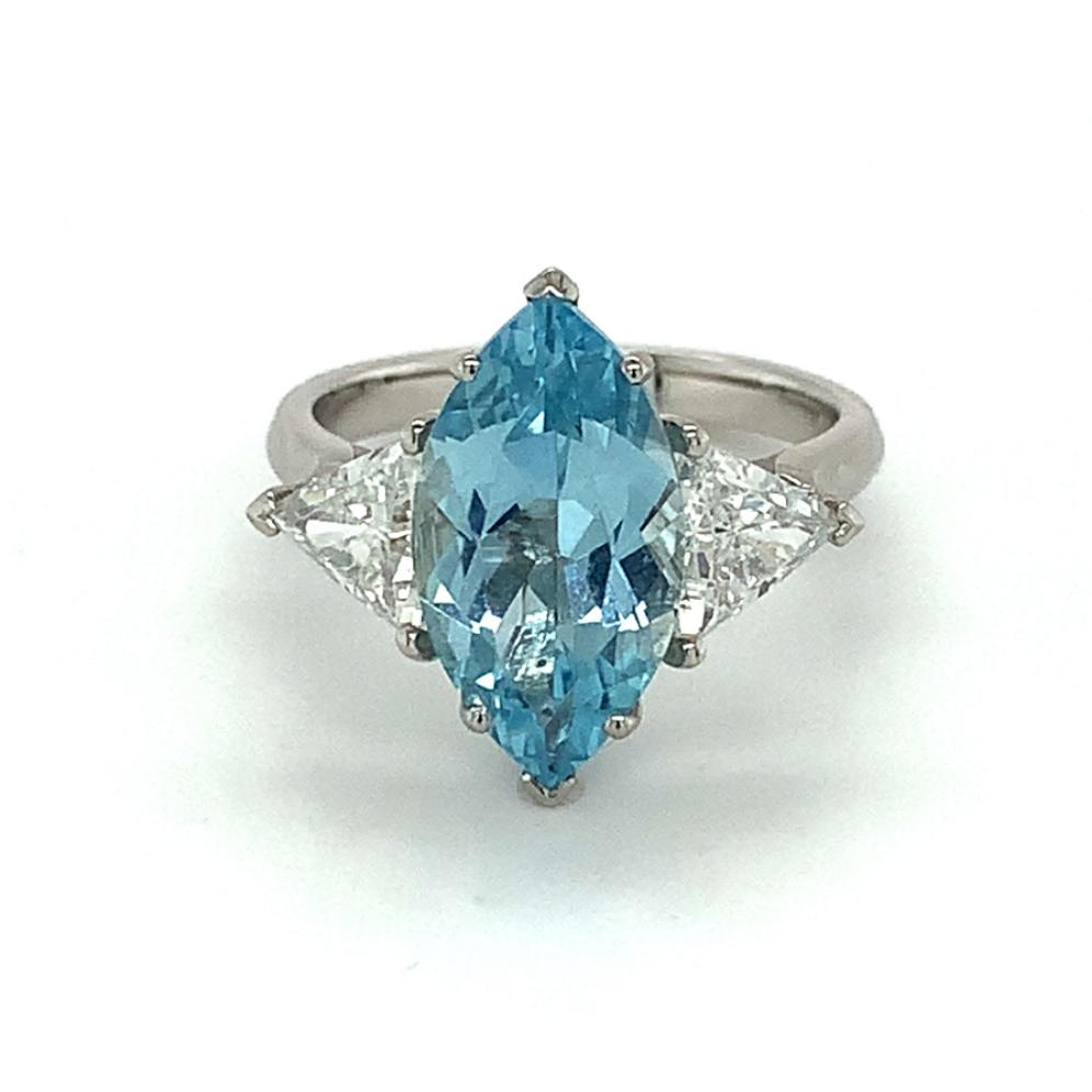 4.47ct aquamarine & diamond trilogy engagement ring, platinum, G/H colour, SI clarity
