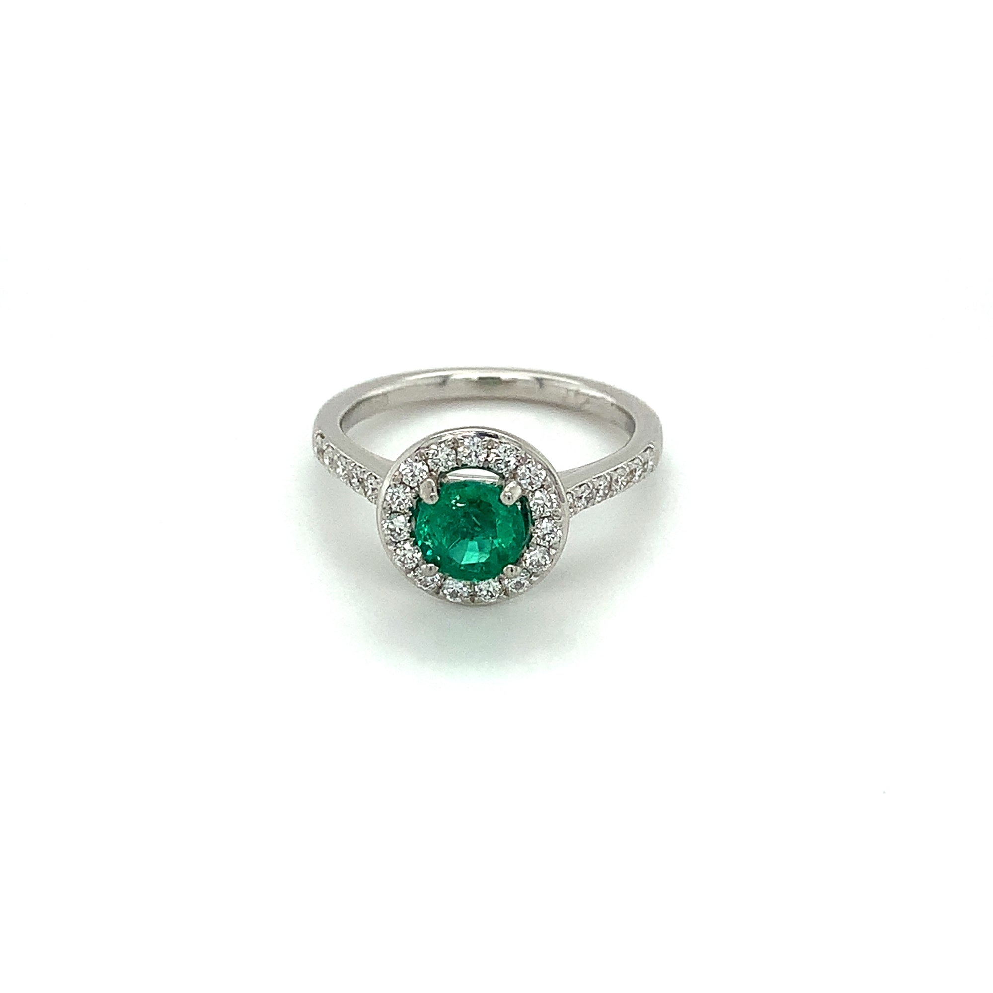 1.20ct emerald & diamond engagement ring, platinum halo, G/H colour, SI clarity