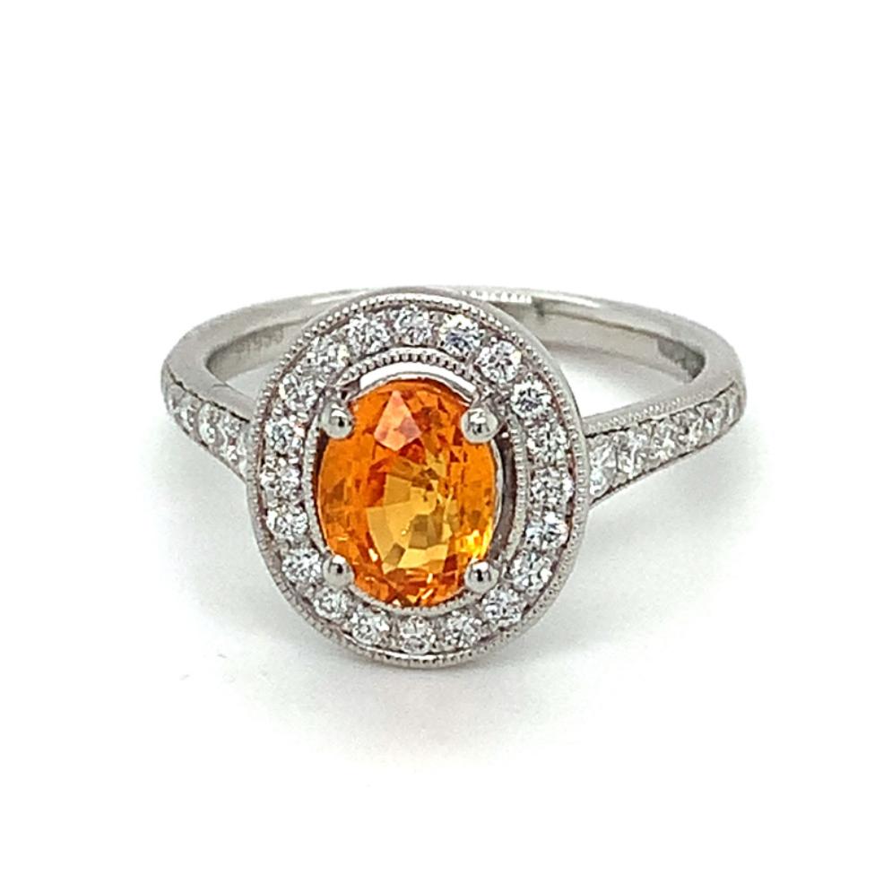 1.73ct orange sapphire & diamond engagement ring, platinum halo, G/H colour, SI clarity