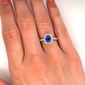 2.11ct sapphire & diamond engagement ring, platinum halo, G/H colour, SI clarity