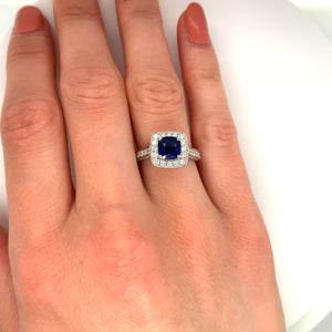 2.19ct sapphire & diamond engagement ring, platinum halo, G/H colour, SI clarity