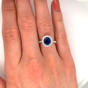 1.85ct sapphire & diamond engagement ring, platinum halo, G/H colour, SI clarity