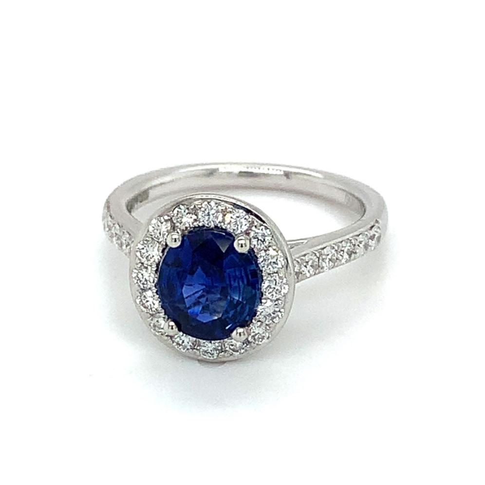 1.85ct sapphire & diamond engagement ring, platinum halo, G/H colour, SI clarity