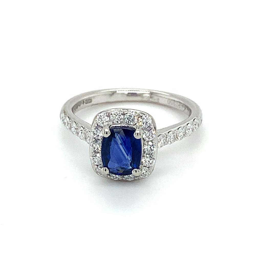 1.59ct sapphire & diamond engagement ring, platinum halo, G/H colour, SI clarity