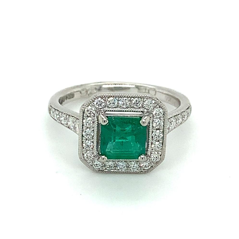 1.32ct emerald & diamond engagement ring, platinum halo, G/H colour, SI clarity