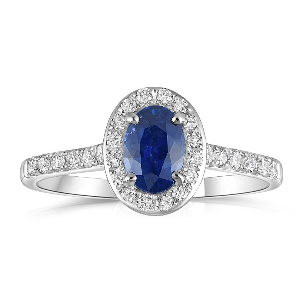 0.94ct sapphire & diamond engagement ring set in an 18ct white gold halo