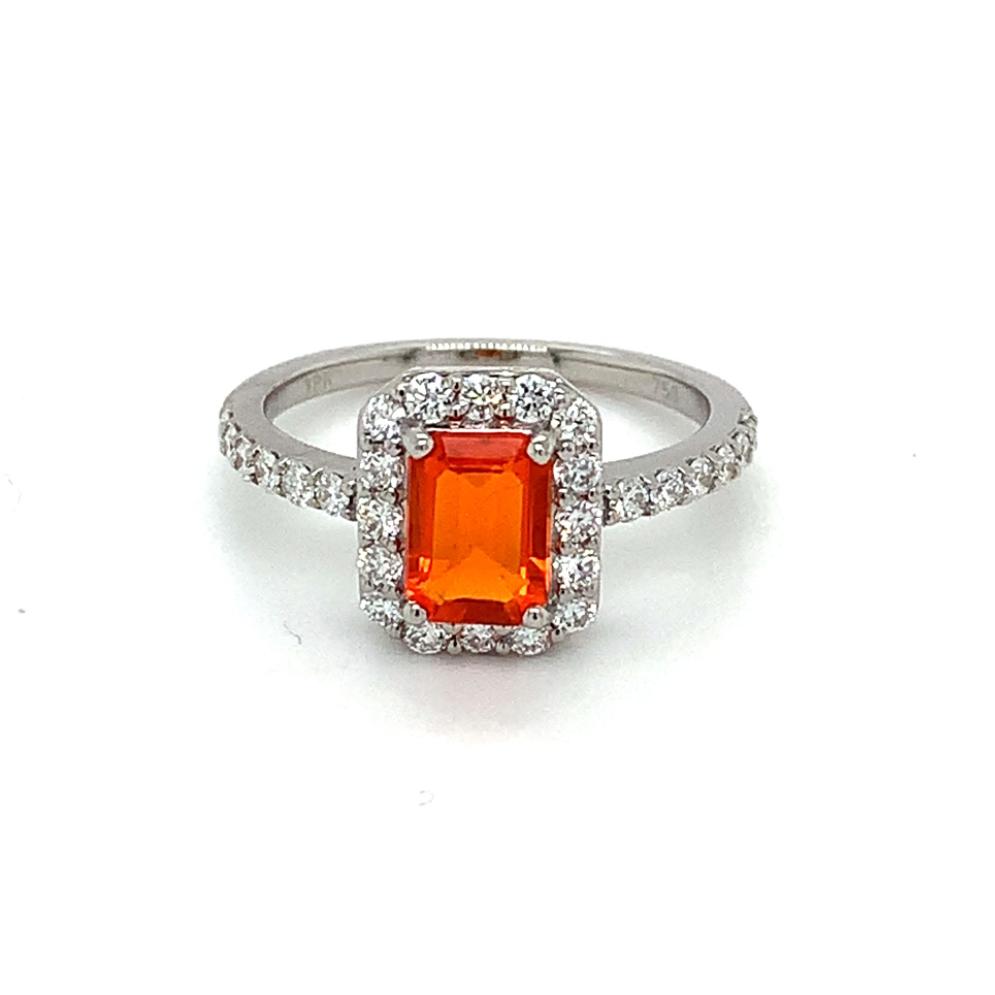 1.14ct fire opal & diamond engagement ring, 18kt white gold halo, G/H colour, SI clarity