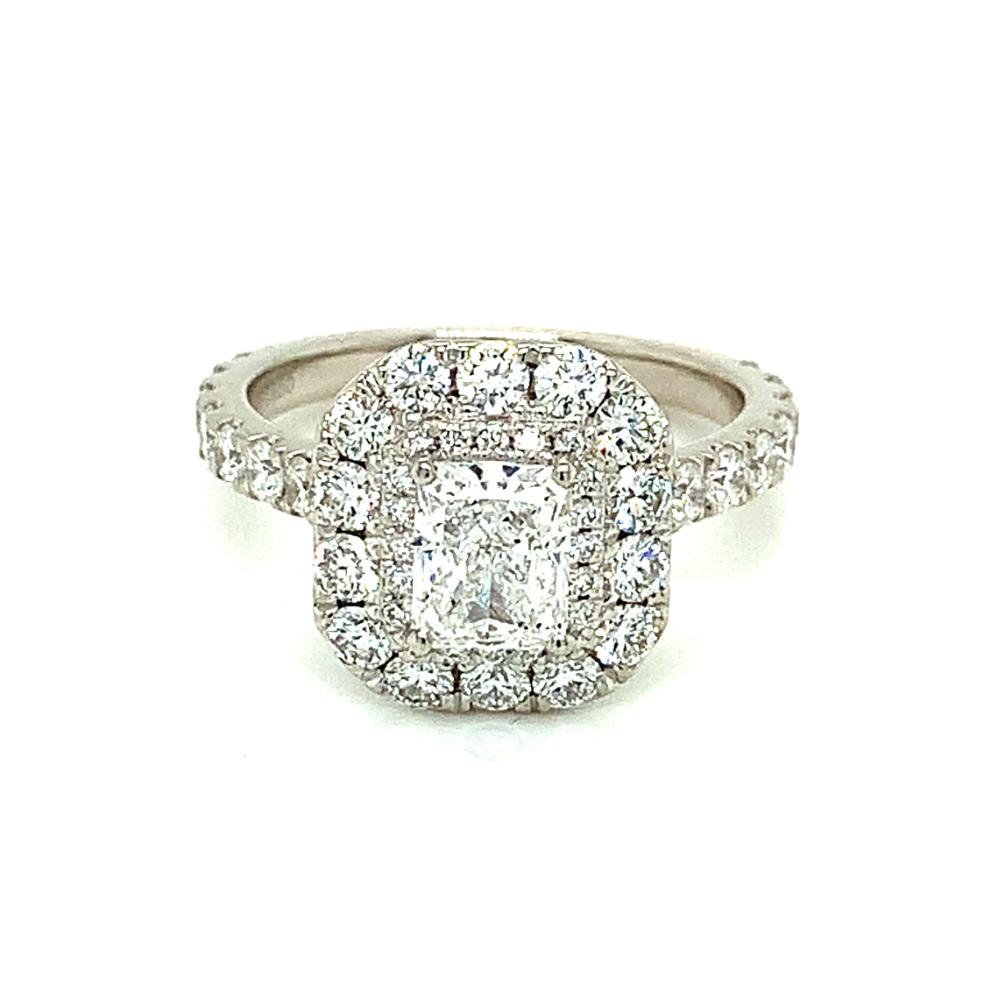2.14ct radiant cut diamond engagement ring, platinum halo, D colour, SI1 clarity, GIA certified
