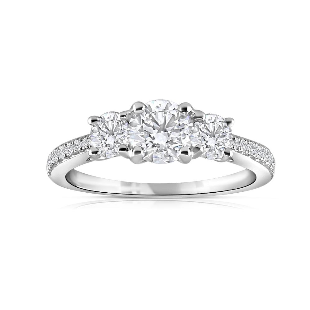 1.11ct natural diamond trilogy engagement ring, round brilliant cut, G/H colour, SI clarity. Platinum