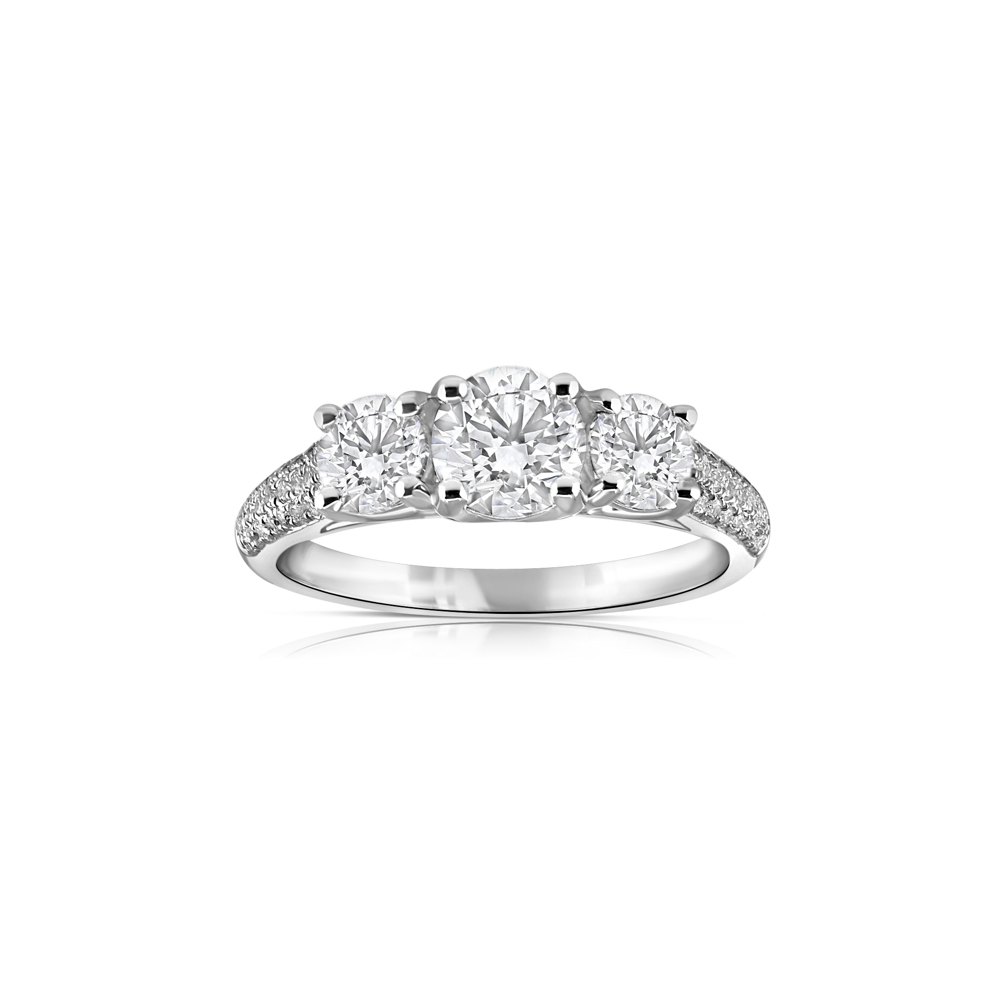0.77ct round brilliant cut diamond trilogy engagement ring, platinum, G/H colour, SI clarity