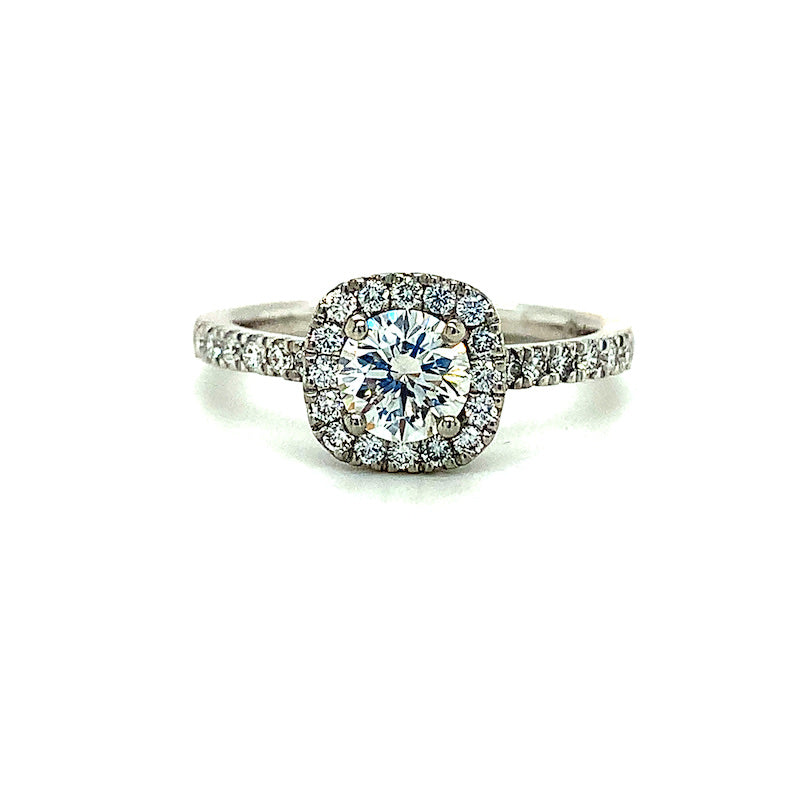 1.13ct round brilliant diamond engagement ring, platinum halo, H colour, VS2 clarity, IGI certified