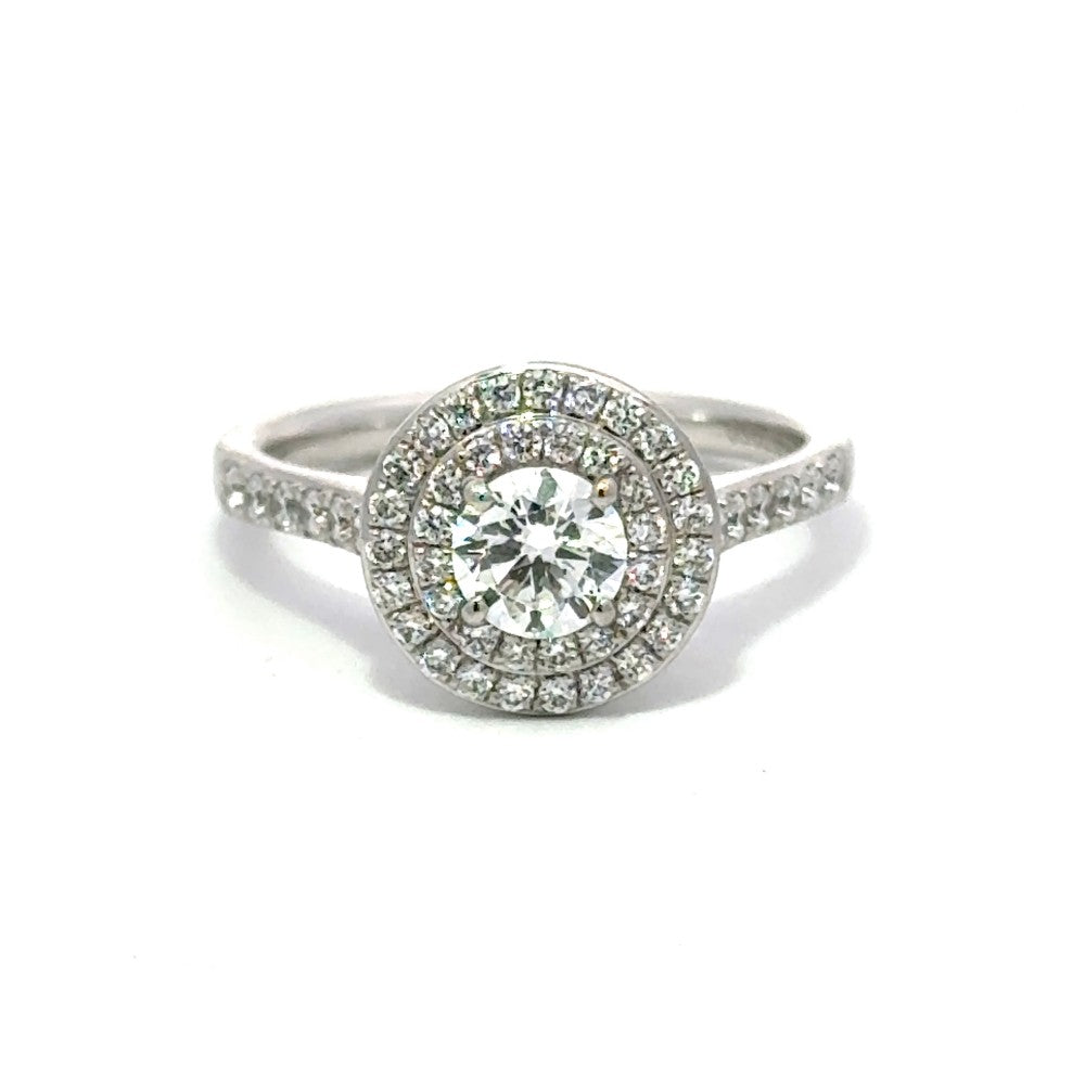 1.00ct round brilliant diamond engagement ring set in a platinum double halo, G colour, SI2 clarity, GIA certified