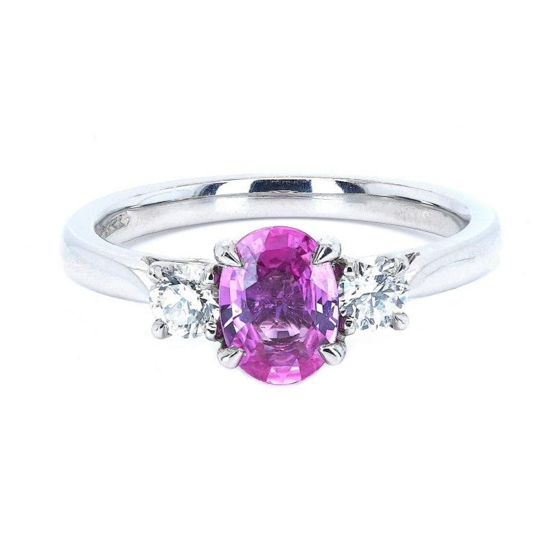1.10ct pink sapphire & diamond trilogy ring set in platinum