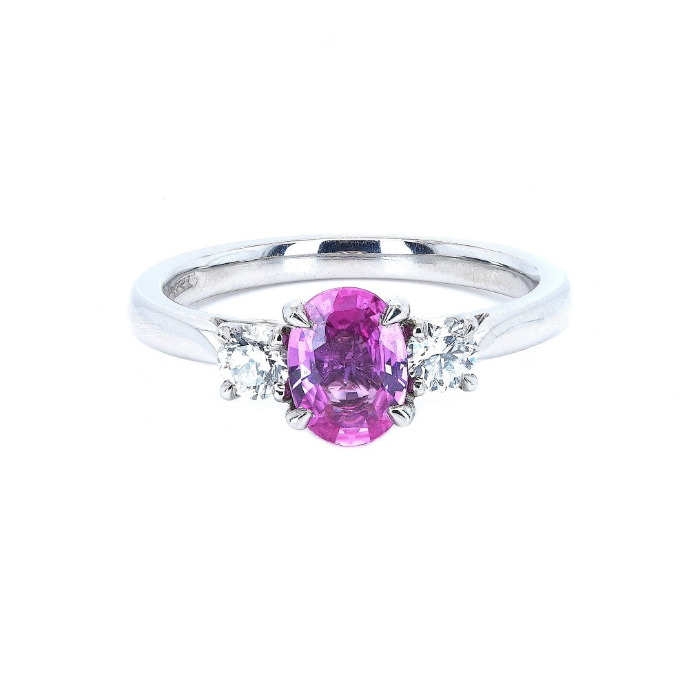 1.10ct pink sapphire & diamond trilogy ring set in platinum