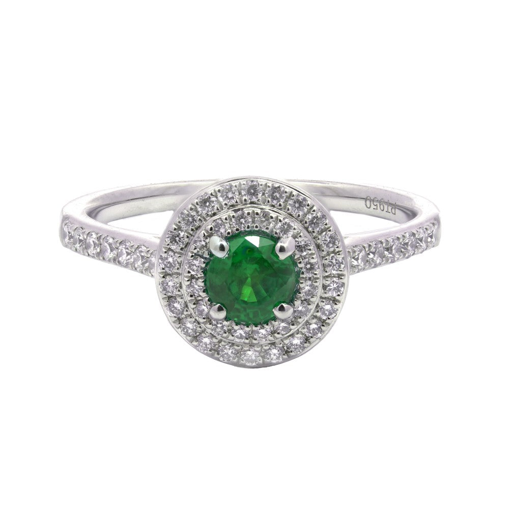 0.73ct emerald & diamond engagement ring set in a platinum double halo