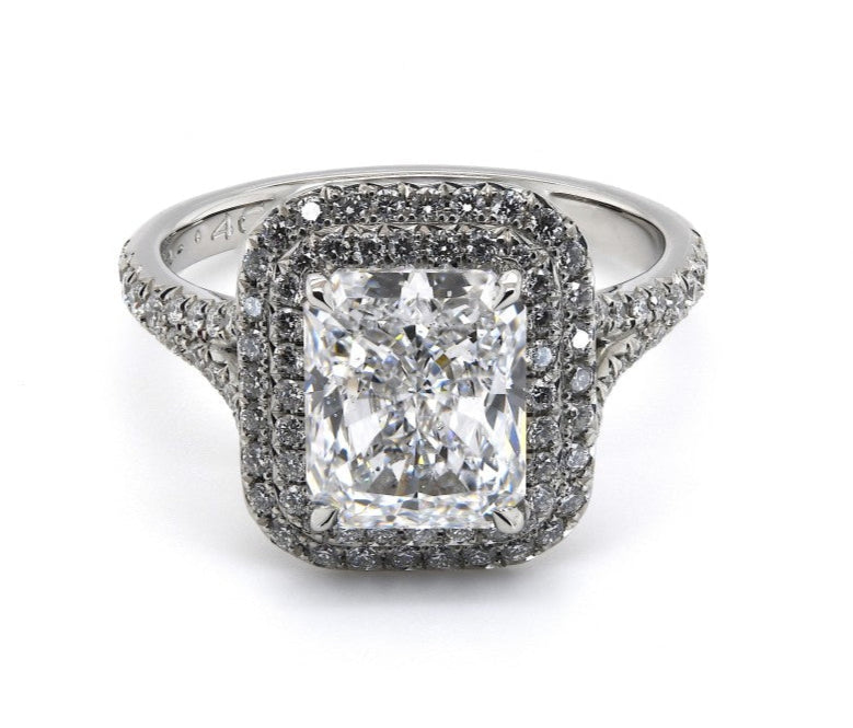 2.90ct natural diamond engagement ring, radiant cut, D colour, SI2 clarity, GIA certified. Platinum