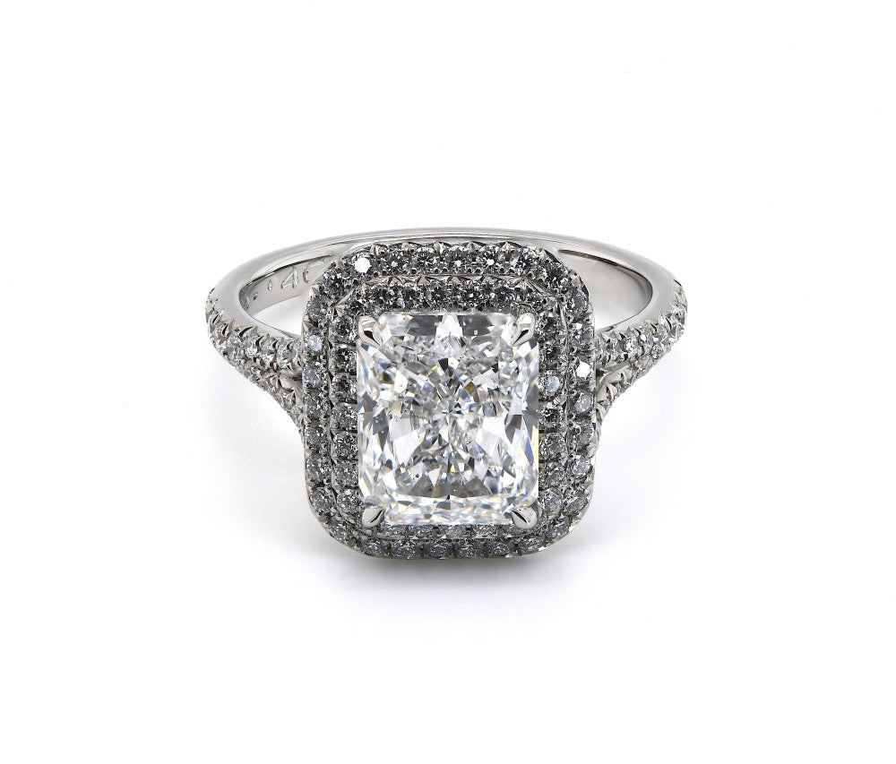 2.90ct radiant cut diamond ring set in a platinum double halo, D colour, SI2 clarity, GIA certified