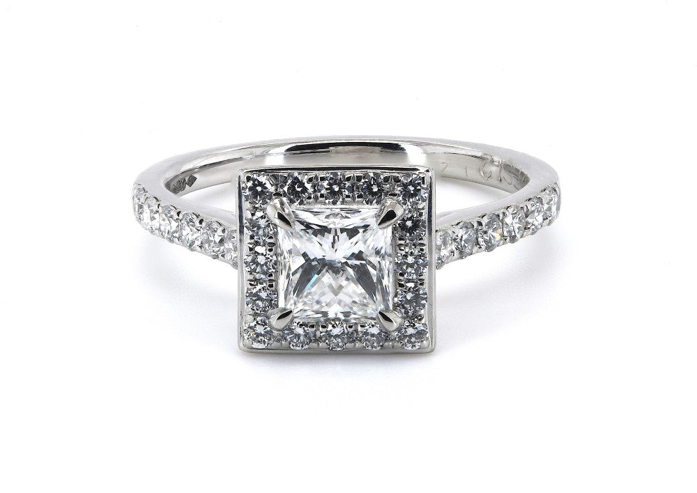 1.19ct princess cut diamond engagement ring set in a platinum halo, E, SI2, GIA certified