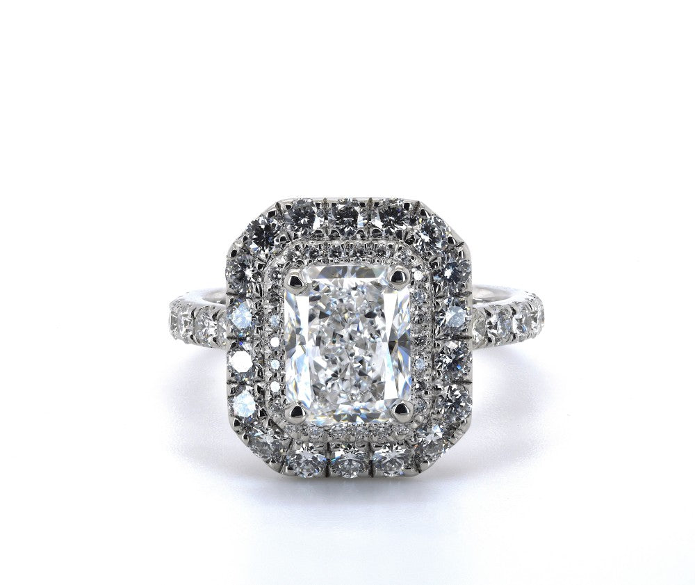 3.19ct radiant cut diamond engagement ring set in a platinum double halo, D, SI1, GIA certified
